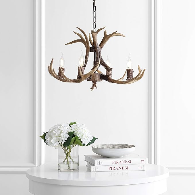 JONATHAN Y 26" Brown Rustic Resin Antler 4-Light LED Chandelier, Farmhouse Faux Deer Horn Hanging Ceiling Light for Dining Room, Kitchen Island, Adjustable Light Fixture JYL6301A