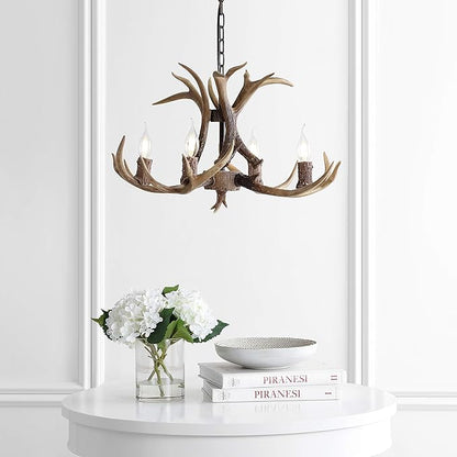 JONATHAN Y 26" Brown Rustic Resin Antler 4-Light LED Chandelier, Farmhouse Faux Deer Horn Hanging Ceiling Light for Dining Room, Kitchen Island, Adjustable Light Fixture JYL6301A