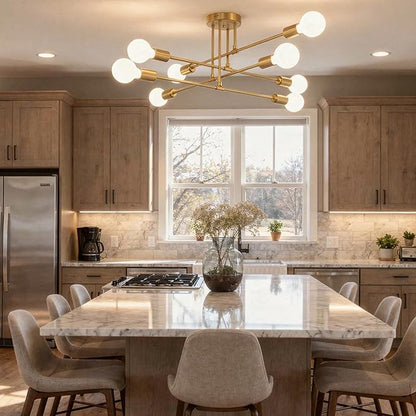 Modern Sputnik Chandelier Ceiling Light Fixtures, 8-Lights Mid Century Industrial Metal Semi Flush Mount for Dining Room, Bedroom, Living Room-Brushed Gold