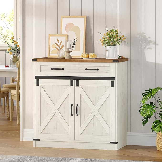 Hzuaneri Kitchen Storage Cabinet, Buffet Cabinet with Storage, Modern Farmhouse Sideboard Cabinets with Drawer, 31.5" Coffee Bar Cabinets with Doors & Adjustable Shelves, for Kitchen, White Brown