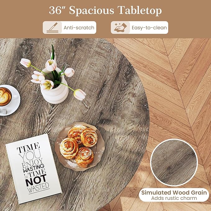 36’’ Round Dining Table, Dinner Table for 4 w/Rubber Wood Legs & Wing-Shaped Frame, Farmhouse Kitchen Table for Dining Living Room, Apartment, Bar, Restaurant, Bistro (Oak)