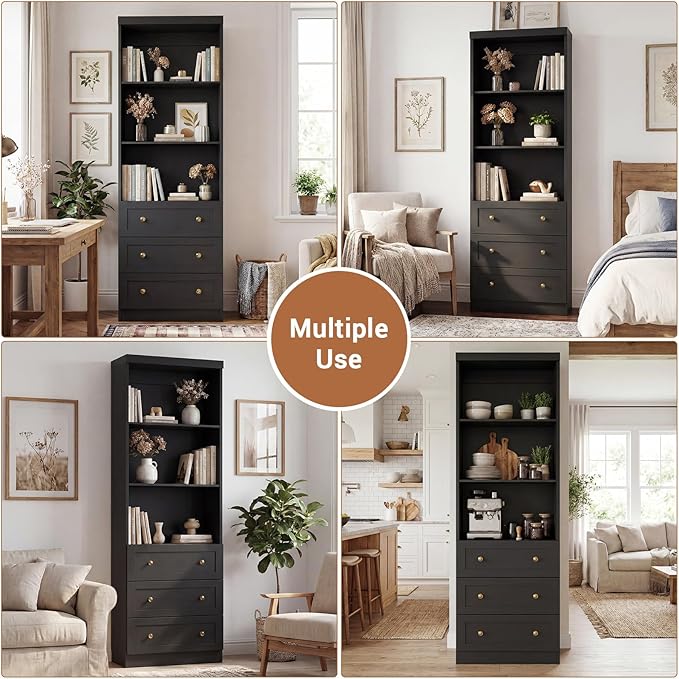 Cyclysio 80" Kitchen Pantry Cabinet with 3 Drawers, Tall Storage Cabinet Wood Food Pantry with Thickened Top Panel and Adjustable Shelves, Versatile Cupboard for Kitchen, Dining Room (2, Black)