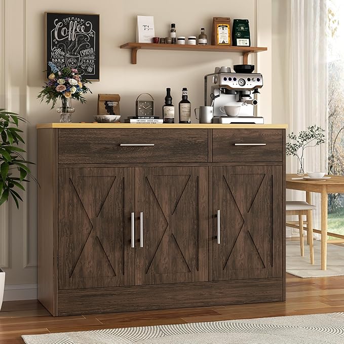 Vongrasig Sideboard Buffet Cabinet with Storage, 43” Farmhouse Coffee Bar Storage Cabinet with Drawers and Shelves, Modern Buffet Table for Kitchen, Dining Room, Rustic Brown