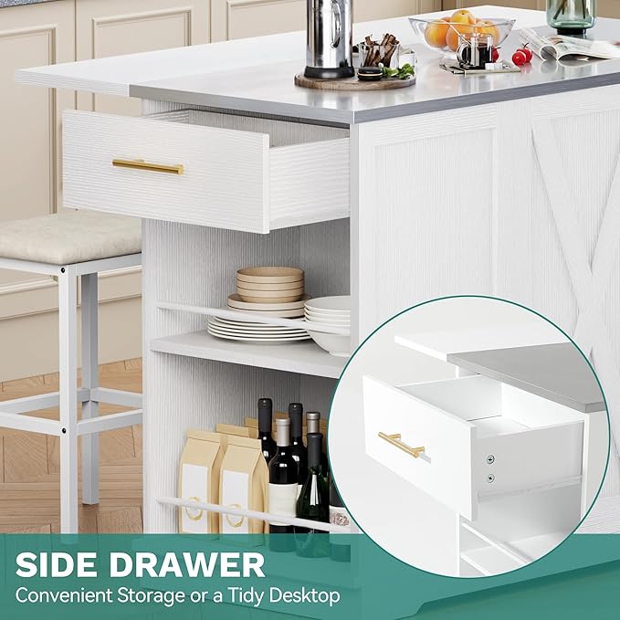 YITAHOME Kitchen Islands with Seating, 47" Mobile Storage Island with Trash Can, Rolling Kitchen Island Cart with Drop Leaf & Stainless Steel Countertop, Bar Table with 2 Stools, Spice Rack, White