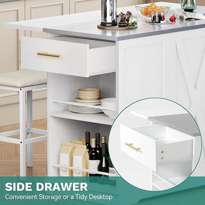 YITAHOME Kitchen Islands with Seating, 47" Mobile Storage Island with Trash Can, Rolling Kitchen Island Cart with Drop Leaf & Stainless Steel Countertop, Bar Table with 2 Stools, Spice Rack, White