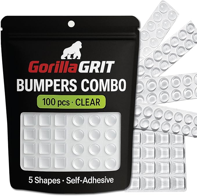 Bumper and Rubber Feet 100pc Combo Pack - Clear and Self Adhesive - 5 Bumper Shapes for Multiple Uses - Cabinet Doors, Drawers, Picture Frames, Cutting Boards and Electronics