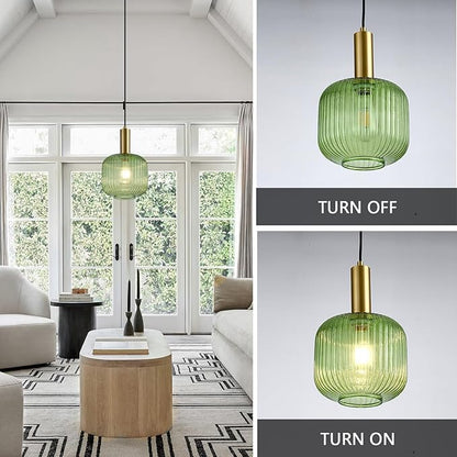 8 Inch Green Glass Pendant Lights Small Modern Chandelier Pendant Lighting Mid Century Hanging Lights Adjustable Kitchen Island Light for Dining Room Bedroom Hallway