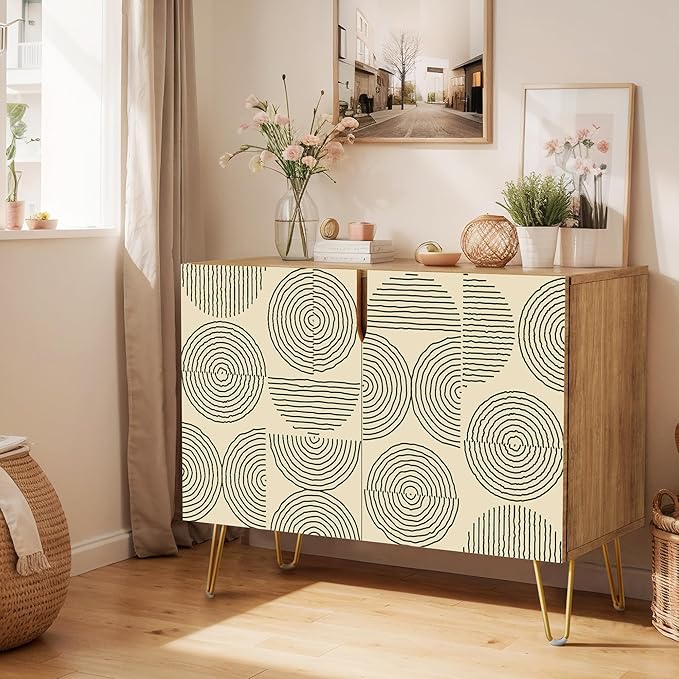 SIGNWIN Sideboard Buffet Cabinet, Kitchen Storage Cabinet with 2 Doors, Black & White Duotone Circle Polygons, Cupboard Console Table for Dining Room - 35" L x 18" W x 29" H
