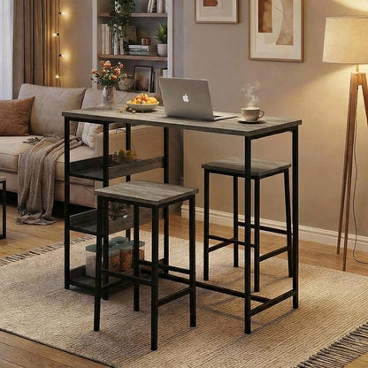 GarveeHome 3-Piece Kitchen Table Set with Storage Shelves & 2 Bar Stools - Iron and Wood Dining Table for Small Spaces, Apartments, Condos, Grey