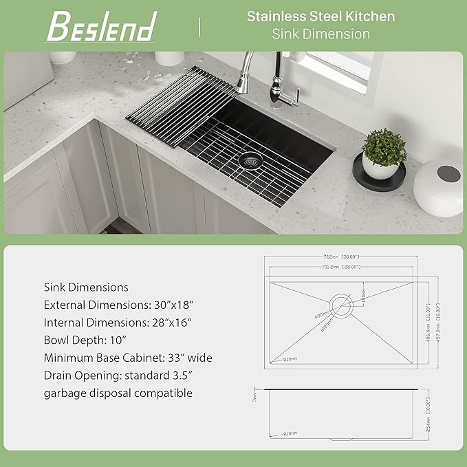 30 Inch Black Undermount Kitchen Sink - Beslend 30"x18"x10" Gunmetal Black Stainless Steel Kitchen Sink 16 Gauge 10 Inch Deep Single Bowl Basin