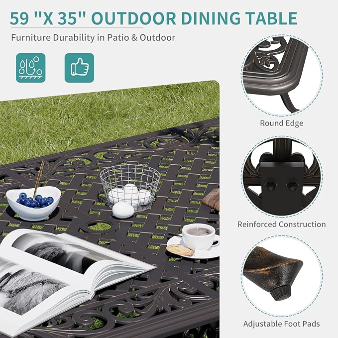 GarveeLife Cast Aluminum Outdoor Dining Table, 59 in Patio Dining Table with 2 in Umbrella Hole and Adjustable Foot Pads for Garden, Backyard, Deck, Dark Bronze