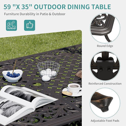 GarveeLife Cast Aluminum Outdoor Dining Table, 59 in Patio Dining Table with 2 in Umbrella Hole and Adjustable Foot Pads for Garden, Backyard, Deck, Dark Bronze