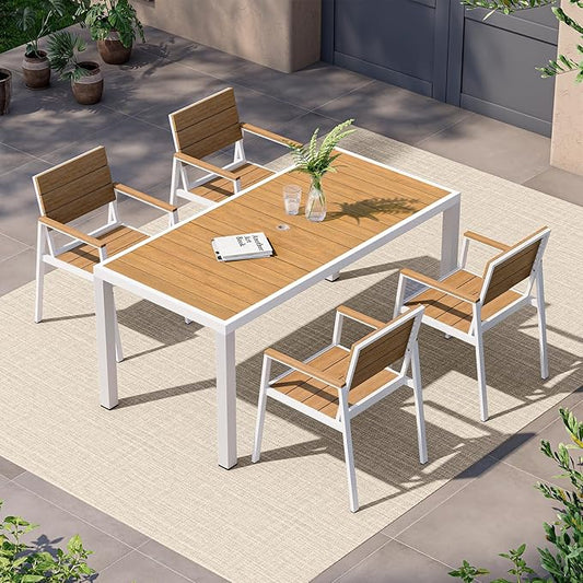 Vexwalx 5-Piece Outdoor Dining Set, Aluminum Dining Table Set for 4, Patio Table and Chairs Set with Umbrella Hole, All Weather HDPS Outdoor Table and Chairs for 4 (White-Teak)