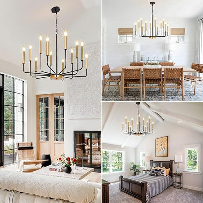 Black and Gold Chandelier for Dining Room, 12-Light Farmhouse Dining Room Light Fixture, Candle Chandelier Light Fixtures, Modern Chandeliers for Living Room Kitchen Foyer Staircase