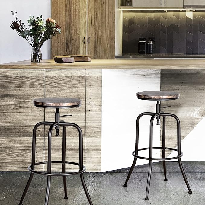 Homy Casa Dining Chairs Set of 2, 27 to 30 Inch Adjustable Height Swivel Chairs with Round Wood, Suitable for Kitchen Island, Dining Room, Walnut