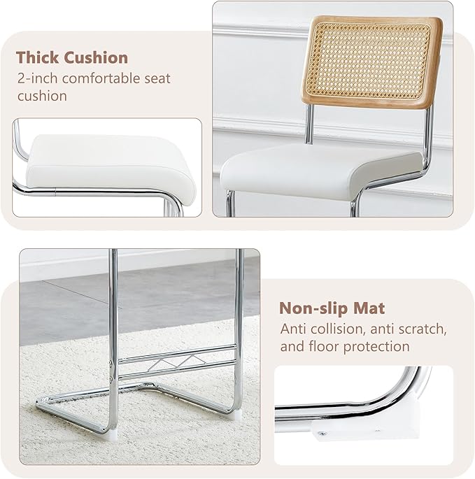 Counter Height Dining Set with Rattan Back Stools,Bar Table with 2 Drawers,Upholstered Kitchen Island Chairs,Chrome Cantilever Frame,Modern Furniture for Dining Room (No Table,4 White Chairs)