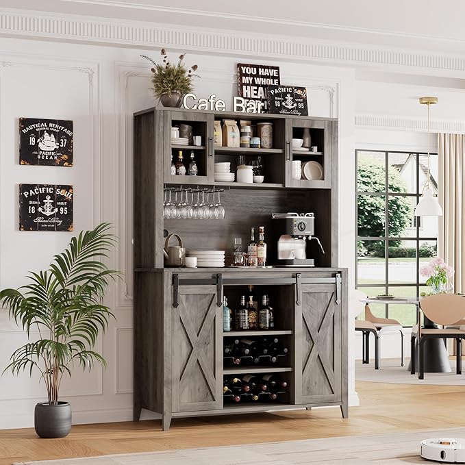 IDEALHOUSE 70'' Wine Coffee Bar Cabinet with Storage Hutch, Tall Kitchen Pantry Liquor Cabinet with Sliding Barn Doors, Bottle Glasses Rack, Farmhouse Buffet for Home Dining Room, Gray Oak