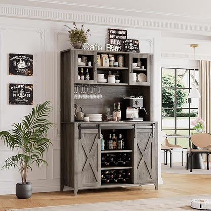 IDEALHOUSE 70'' Wine Coffee Bar Cabinet with Storage Hutch, Tall Kitchen Pantry Liquor Cabinet with Sliding Barn Doors, Bottle Glasses Rack, Farmhouse Buffet for Home Dining Room, Gray Oak