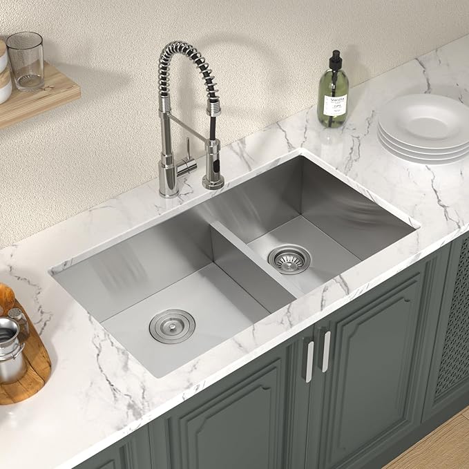Lordear 32 Inch Undermount Double Bowl Kitchen Sink 16 Gauge Stainless Steel with Smart Low Divider 32x19 Inch Double Basin Kitchen Sinks 60/40 Handmade