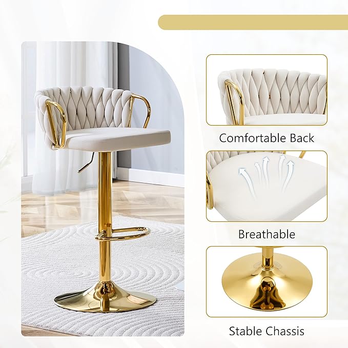Velvet Bar Stools Set of 2, Woven Height Adjustable Swivel Barstools, Hydraulic Kitchen Counter Height Bar Chairs with Armrest and Back for Kitchen, Dining Room