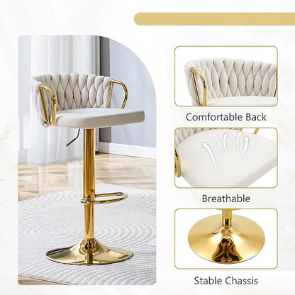 Velvet Bar Stools Set of 2, Woven Height Adjustable Swivel Barstools, Hydraulic Kitchen Counter Height Bar Chairs with Armrest and Back for Kitchen, Dining Room
