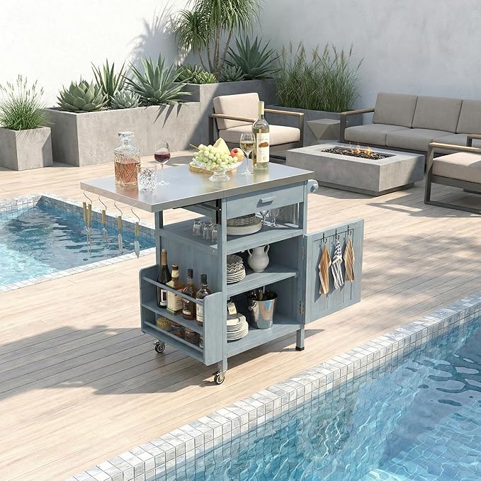 Casaphoria 40.5" Outdoor BBQ Grill Cart, Stainless Steel Top Rolling Outdoor Kitchen Cart Flip Board, Fir Wood Bar Carts with Towel Holder, Lockable Wheels for Patio Lawn Garden,Blue