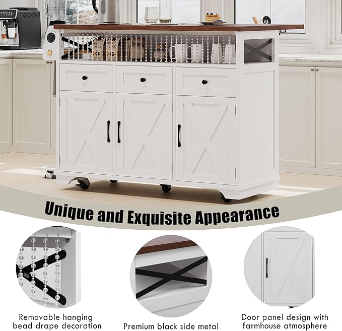 Bellemave 46.5" Farmhouse Kitchen Island cart with Charging Station and with Drape of Beads, Rolling Kitchen Island Table with Drop-Leaf, 3 Drawers, White