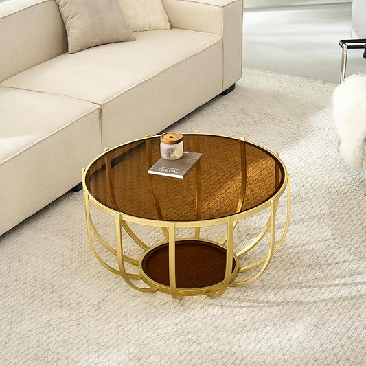 Saint Mossi 30" Glass Round Coffee Table for Living Room, Mid Century Modern 2-Tier Gold Drum Center Table, Brown Glass Top, Glass Shelf with Gold Finish Legs & Frame, W30xH16.5