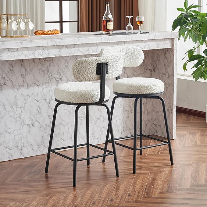 Modern Swivel Bar Stools Set of 2, Upholstered Counter Height Bar Chairs with Metal Legs & Footrest, 360° Swivel Barstools for Kitchen Island, Dining Room