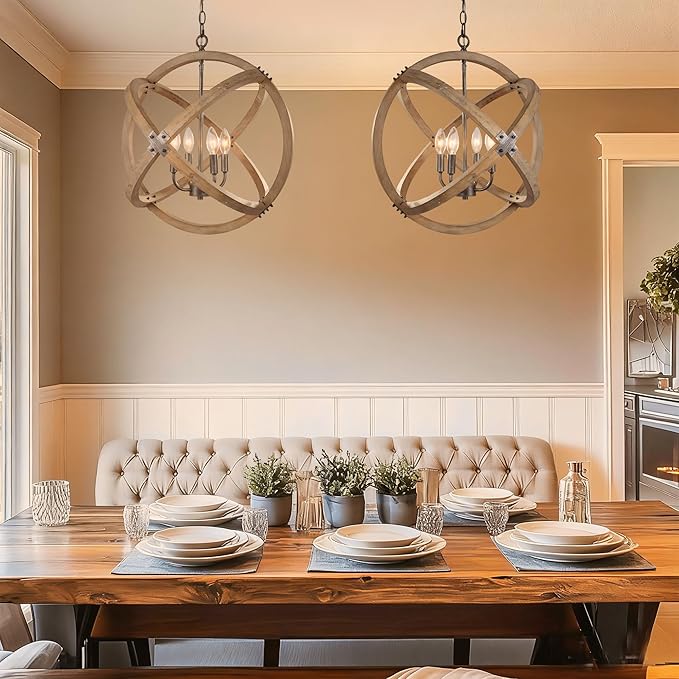 KSANA Wood Orb Chandelier, Rustic Farmhouse 4-Light Globe Hanging Fixture with Black Brushed Silver Accents for Dining Room, Foyer, Bedroom and Kitchen
