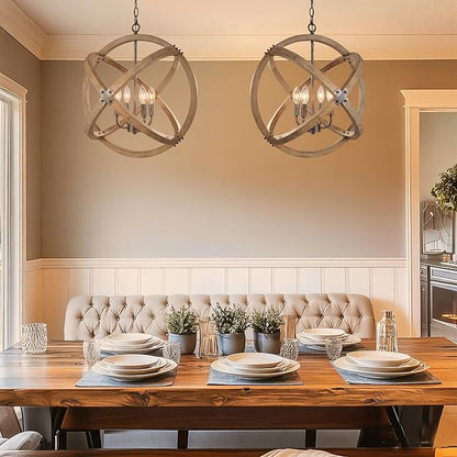 KSANA Wood Orb Chandelier, Rustic Farmhouse 4-Light Globe Hanging Fixture with Black Brushed Silver Accents for Dining Room, Foyer, Bedroom and Kitchen