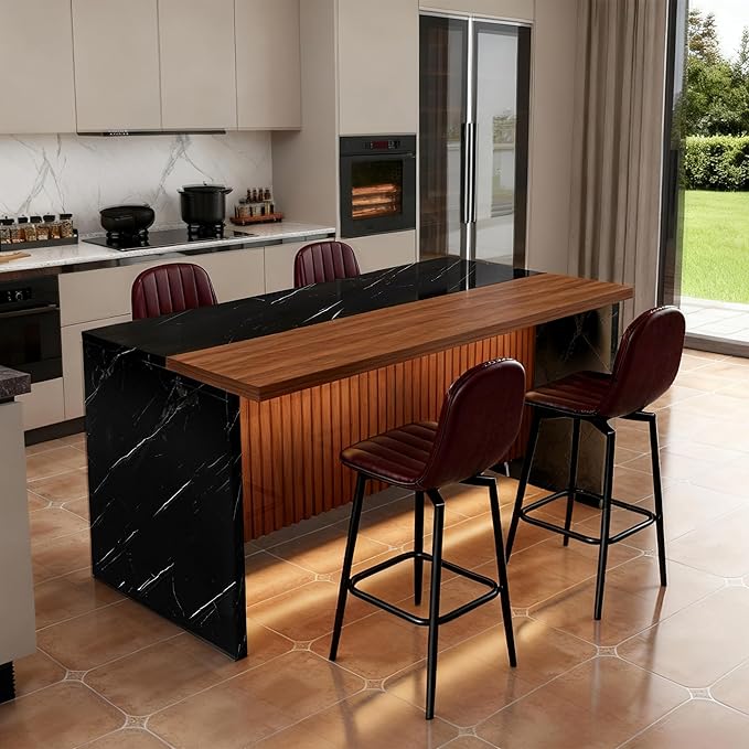 Modern Kitchen Island Set: 63-inch Multi-Functional Dining Table with 4 Stools - Black Marble Look & Adjustable LED Lighting for Open Concept Spaces & Family Gatherings