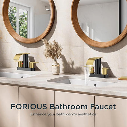 FORIOUS Black and Gold Bathroom Faucets, Waterfall 4 Inch Centerset Bathroom Sink Faucet with Metal Pop up Drain and cUPC Hose for Basin, Vanity, RV, Pedestal 2 or 3 Hole Sink