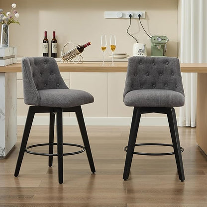 Modern Dining Chairs,Set of 2 - Sturdy and Stylish,Simple Natural Design,Counter Height Bar Stools with Line & Button Tufted Back,Solid Wood Frame Seat for Kitchen Island,Easy Asse,DarkGray-Linen-Foam