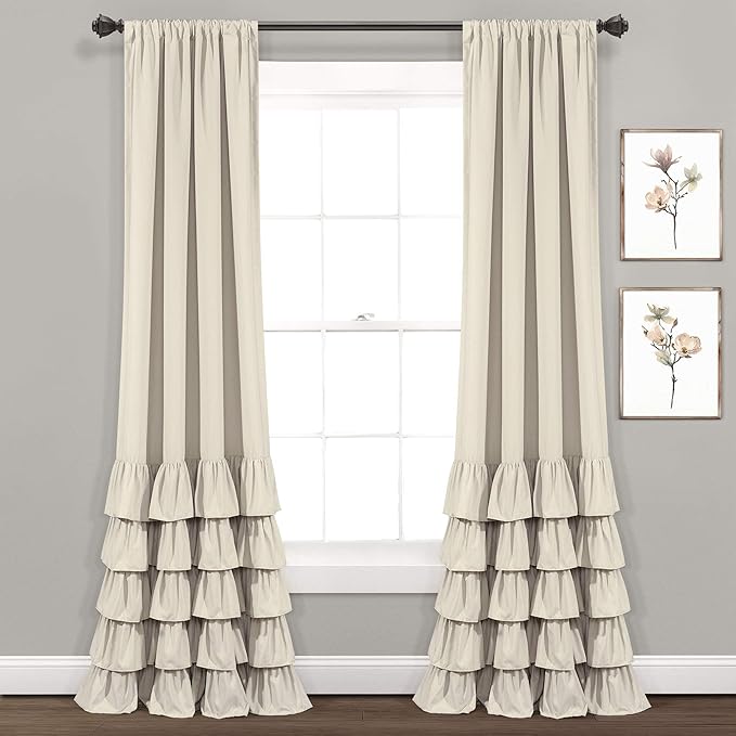 Lush Decor Allison Ruffle Light Filtering Window Curtain Panels Pair 40" W x 95" L Neutral - Coquette Curtains for Bedroom - Drapes - Ruffle Curtains Kids