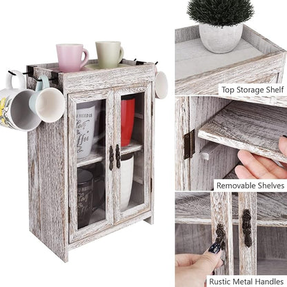 Ikee Design Wooden Countertop Storage Cabinet. Customizable Organizer with Adjustable Shelves, Glass Window Door and Removable Metal Hook. Perfect for Kitchen, Vanity, or Bathroom. Antique White