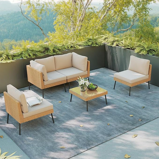 Aoxun Patio Furniture Set, 5 Piece Outdoor Sectional Sofas with Thick Cushion, Wicker Outdoor Patio Furniture Set with Coffee Table for Party, Garden, Backyard, Beige