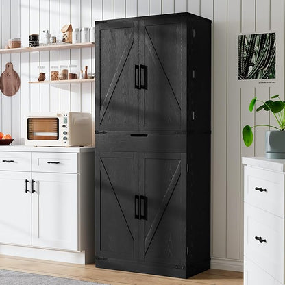 GRUSIGN 72" Tall Storage Cabinet, Kitchen Pantry Cabinet with Adjustable Shelves & Sturdy Steel Frame, Farmhouse Pantry Storage with 4 Barn Doors for Kitchen, Dining Room, and Living Room, Black