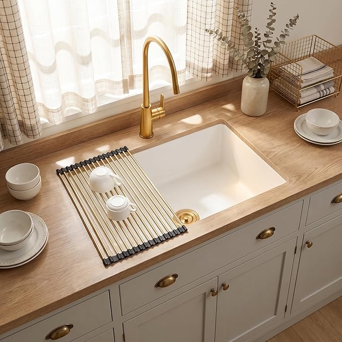 MILOSEN White Undermount Kitchen Sink, 30"x18" Granite Composite Single Bowl Kitchen Sinks, 9" Deep Large Undermount/Drop In Sink with Gold Accessories, White Quartz Kitchen Sinks for Modern Kitchen
