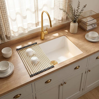 MILOSEN White Undermount Kitchen Sink, 30"x18" Granite Composite Single Bowl Kitchen Sinks, 9" Deep Large Undermount/Drop In Sink with Gold Accessories, White Quartz Kitchen Sinks for Modern Kitchen