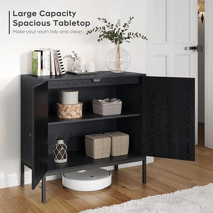 Brafab Set of 2 Black Sideboard Buffet Cabinet with Natural Rattan Decorated Doors, 31.5" W Rattan Cabinet, Console Storage Cabinet, Boho Credenza for Living Room, Entryway, Dining Room/Square Doors