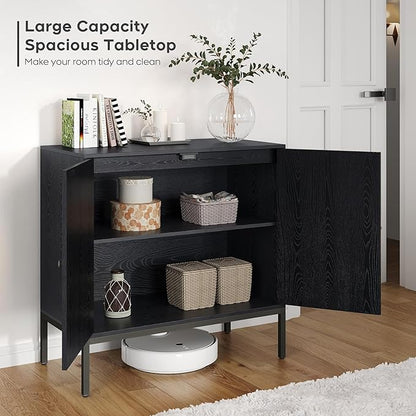 Brafab Set of 2 Black Sideboard Buffet Cabinet with Natural Rattan Decorated Doors, 31.5" W Rattan Cabinet, Console Storage Cabinet, Boho Credenza for Living Room, Entryway, Dining Room/Square Doors