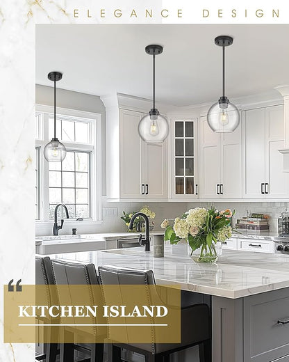 Black Pendant Lights Kitchen Island, 8" Pendant Light Fixtures with Globe Clear Glass Shade, Modern Kitchen Island Lighting, AD-22280-1PL-BK