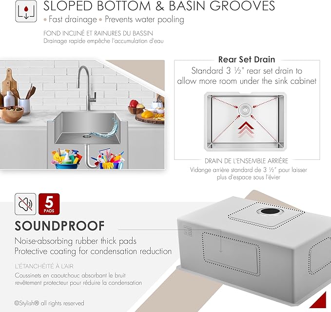 Stylish Undermount Kitchen Sink 25 x 18 Inch 16G Stainless Steel Sink 10mm Radius Corners Single Bowl Kitchen Sinks with Bottom Grid and Luxury Basket Strainer, S-312XG