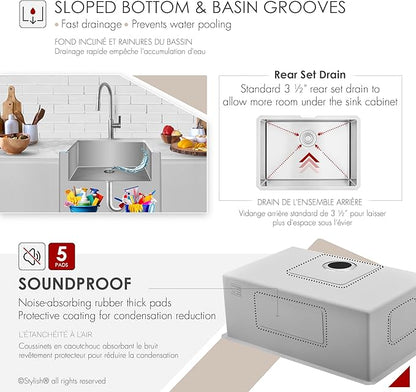 Stylish Undermount Kitchen Sink 25 x 18 Inch 16G Stainless Steel Sink 10mm Radius Corners Single Bowl Kitchen Sinks with Bottom Grid and Luxury Basket Strainer, S-312XG