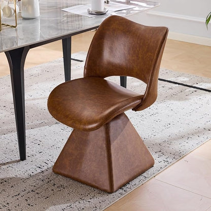 Swivel Dining Chair Upholstered Faux Leather Accent Seat with Curved High Back, Cushioned Foam Padding, Solid Wood and Metal Base, Modern Armless Side Chair for Kitchen Island Vanity Desk (Brown)