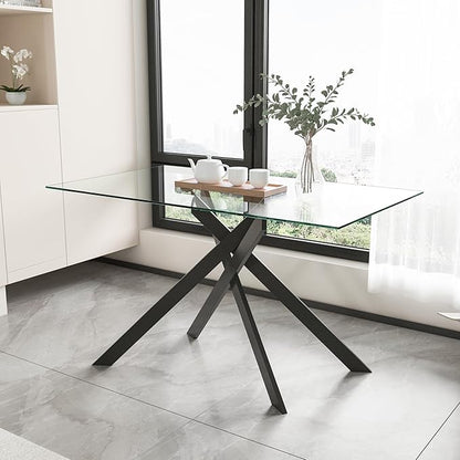 Dining Table with Tempered Glass Top, Modern Glass Dining Room Table Rectangle, Black Geometric Metal Leg, Kitchen Table 51" L x 29.5" W x 30" H, Black