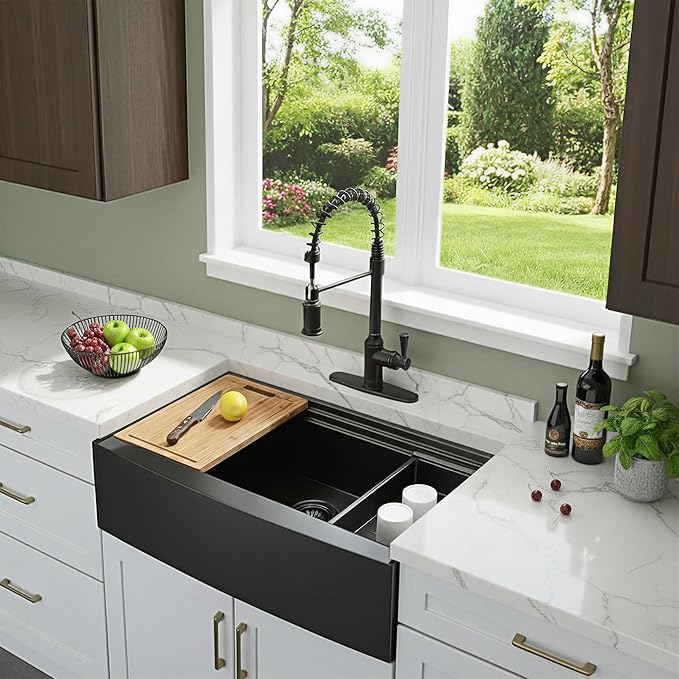 KINGO HOME 33 inch Black Farmhouse Sink, 16 Gauge Double Ledges Stainless Steel Farmhouse Kitchen Workstation Sink, All In One Apron Front Deep Single Bowl Kitchen Farm Sytle Farmer Sinks 33"x20"x9