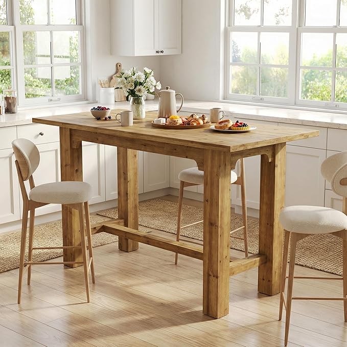 63-Inch Counter Height Dining Table, Solid Wood bar Height Kitchen Table for Dining Room, Rectangular Home Bar Furniture with Natural Grain, Brown