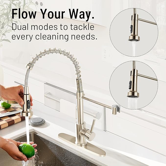 Asinse Kitchen Faucet with Sink Mat, Pull Down Kitchen Faucet with Sprayer, 2 Modes High Arc Stainless Steel Kitchen Sink Faucet, 360° Swivel Modern Tap for RV, Bar, Laundry, Garden
